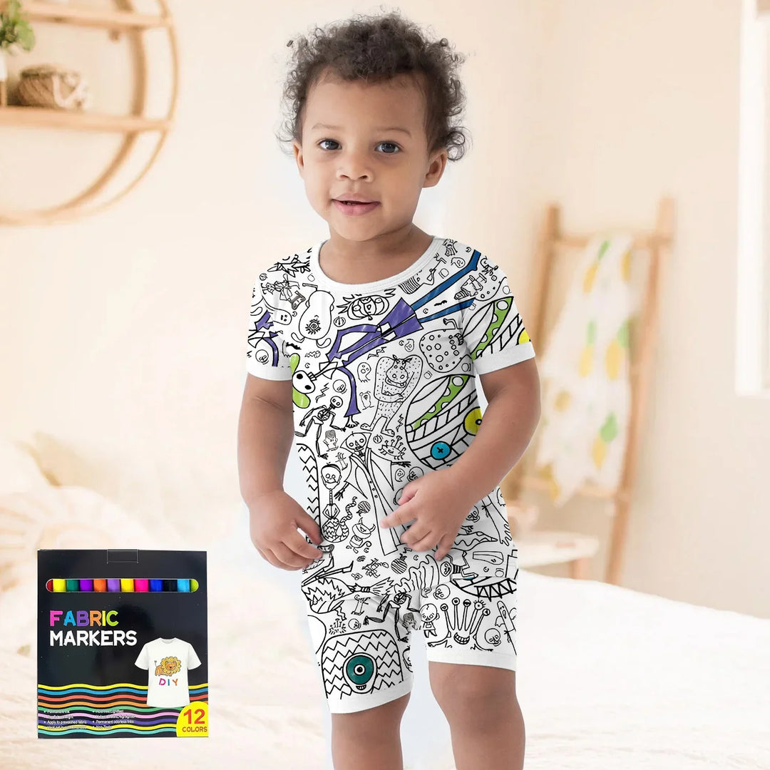 Spooky DIY Monster Colorable Halloween Two Piece Short Sleeve Shorts Pajama Set , Spooky DIY Monster Colorable Halloween Two Piece Short Sleeve Shorts Pajama Set - 3T