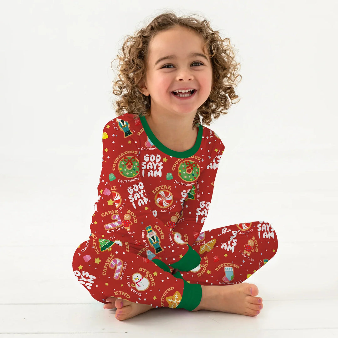 Merry Christmas God Says I Am Two Piece Long Sleeve Pajama Set , Merry Christmas God Says I Am Two Piece Long Sleeve Pajama Set - 12-18M / Green