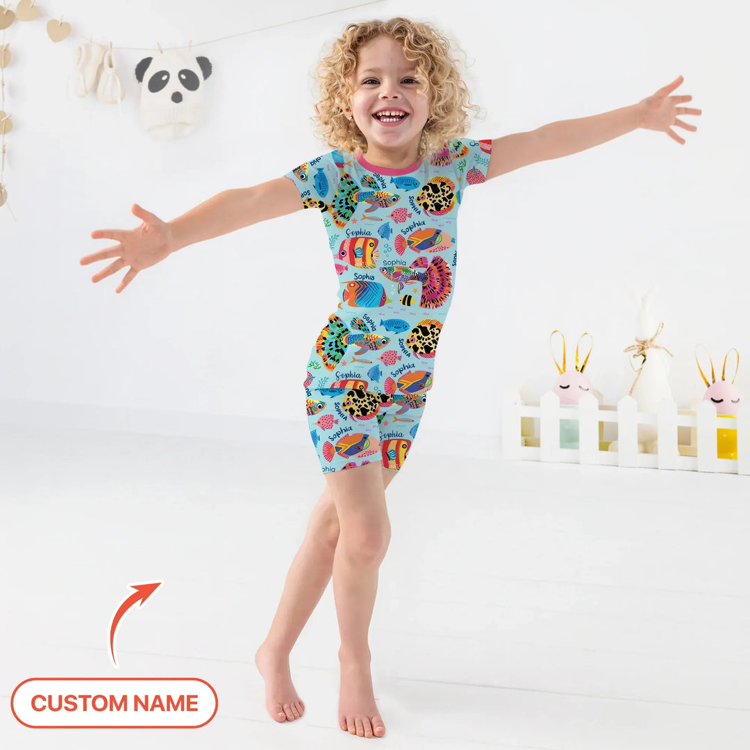 Custom Name Fish Dream Two Piece Short Sleeve Shorts Pajama Set , Custom Name Fish Dream Two Piece Short Sleeve Shorts Pajama Set - 12-18M