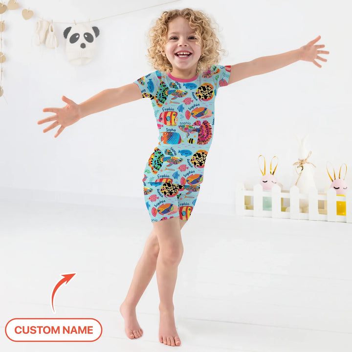 Custom Name Fish Dream Two Piece Short Sleeve Shorts Pajama Set , Custom Name Fish Dream Two Piece Short Sleeve Shorts Pajama Set - 12-18M