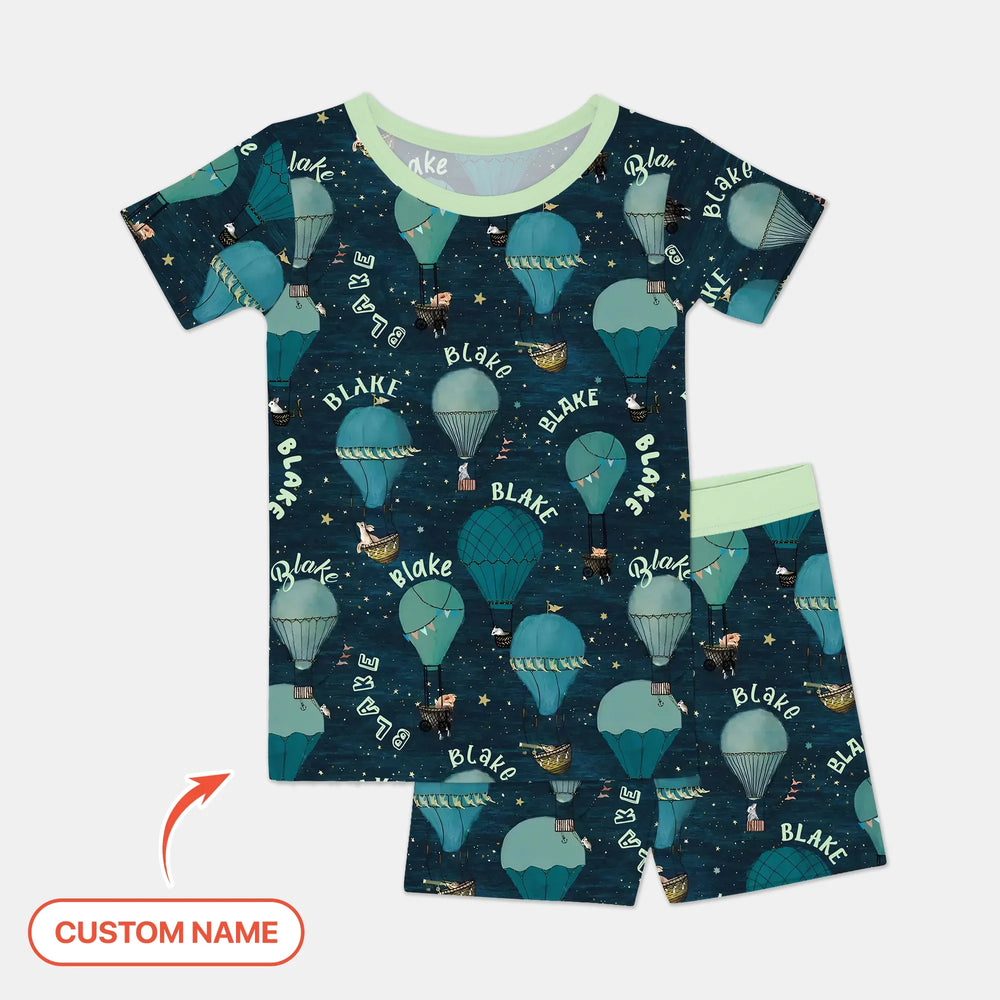 Custom Name Hot Air Balloon Green Two Piece Short Sleeve Shorts Pajama Set , Custom Name Hot Air Balloon Green Two Piece Short Sleeve Shorts Pajama Set - 12-18M