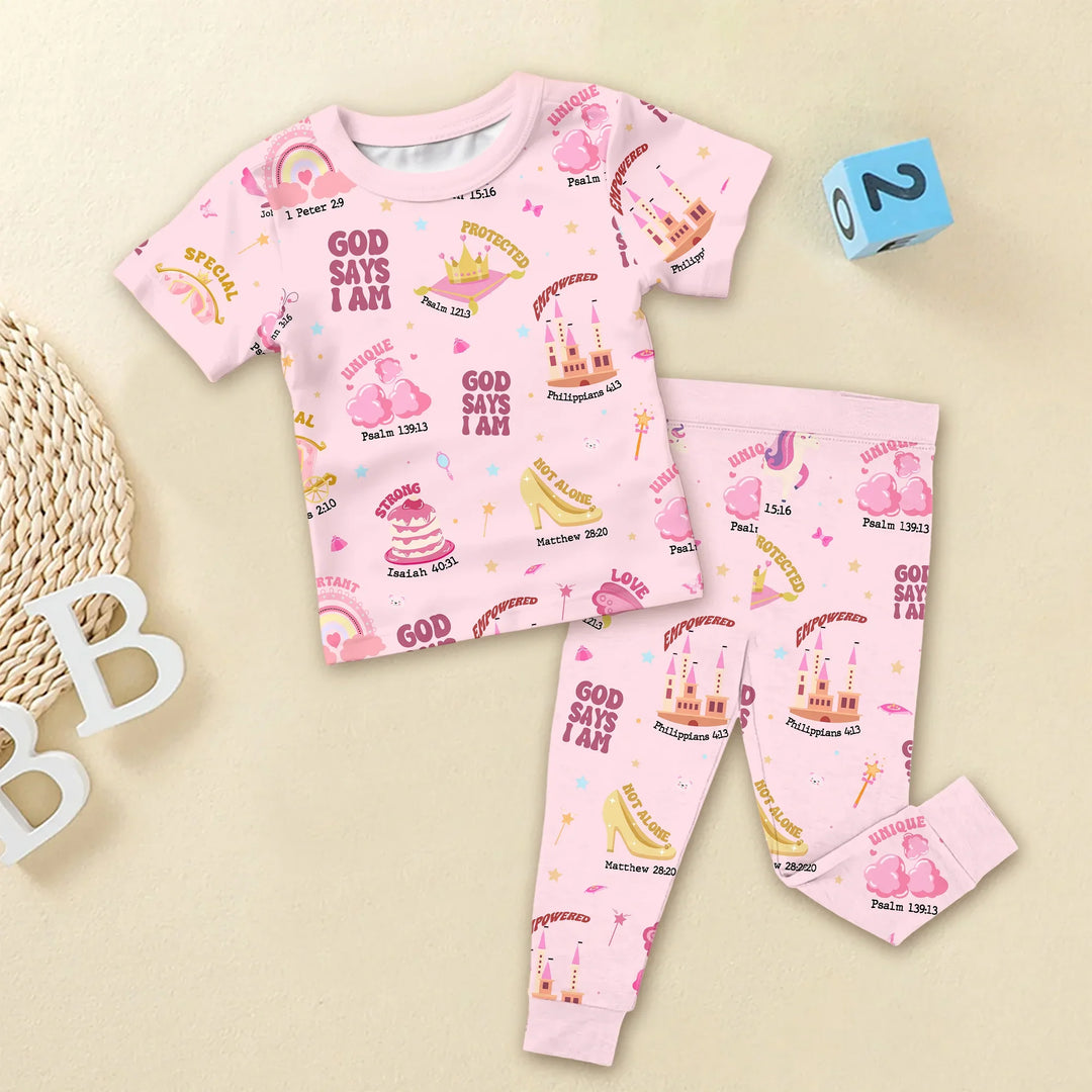 God Says I Am Girl Two Piece Short Sleeve Pajama Set , God Says I Am Girl Two Piece Short Sleeve Pajama Set - 12-18M / Pink