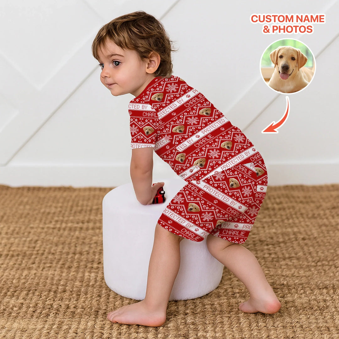 Custom Dog Photo Fair Isle Christmas Two Piece Short Sleeve Shorts Pajama Set , Custom Dog Photo Fair Isle Christmas Two Piece Short Sleeve Shorts Pajama Set - 12-18M