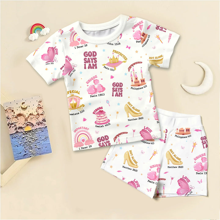 God Says I Am Girl Two Piece Short Sleeve Shorts Pajama Set , God Says I Am Girl Two Piece Short Sleeve Shorts Pajama Set - 12-18M / White