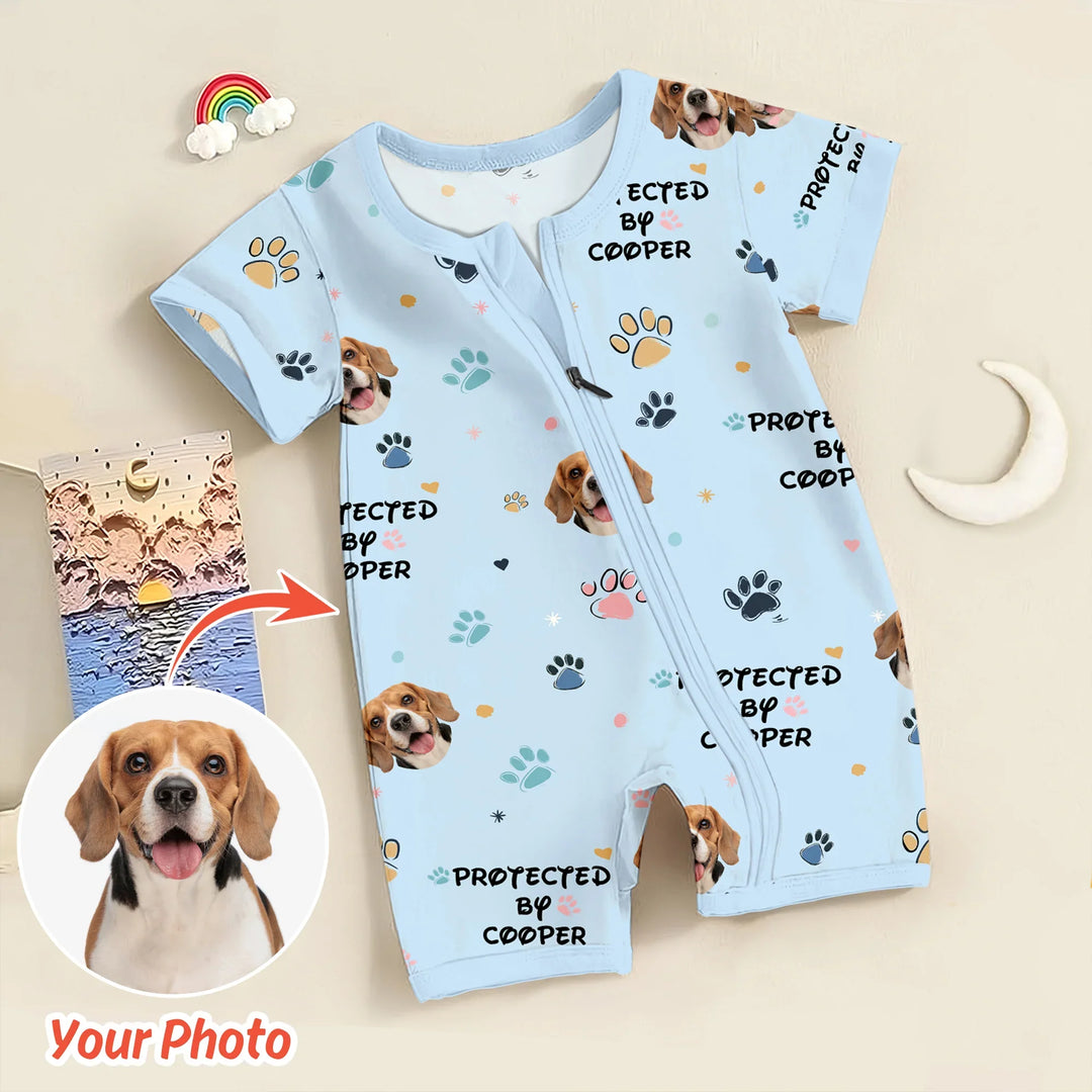 Custom Dog Photo Pattern "Protected By" Shorty Zippered Romper , Custom Dog Photo Pattern "Protected By" Shorty Zippered Romper - 0-3M