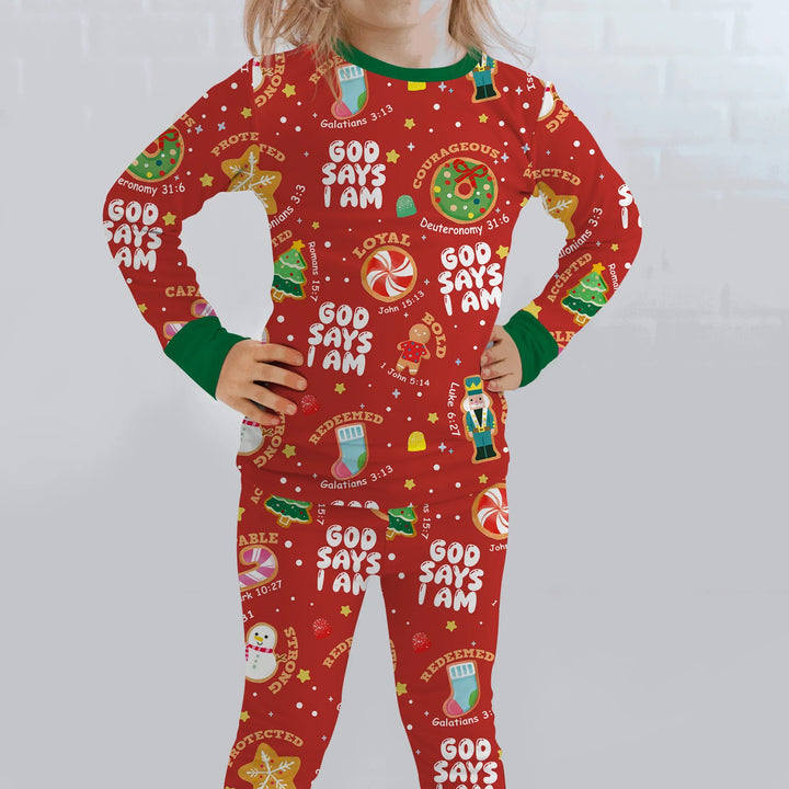 Merry Christmas God Says I Am Two Piece Long Sleeve Pajama Set , Merry Christmas God Says I Am Two Piece Long Sleeve Pajama Set - 12-18M / Green