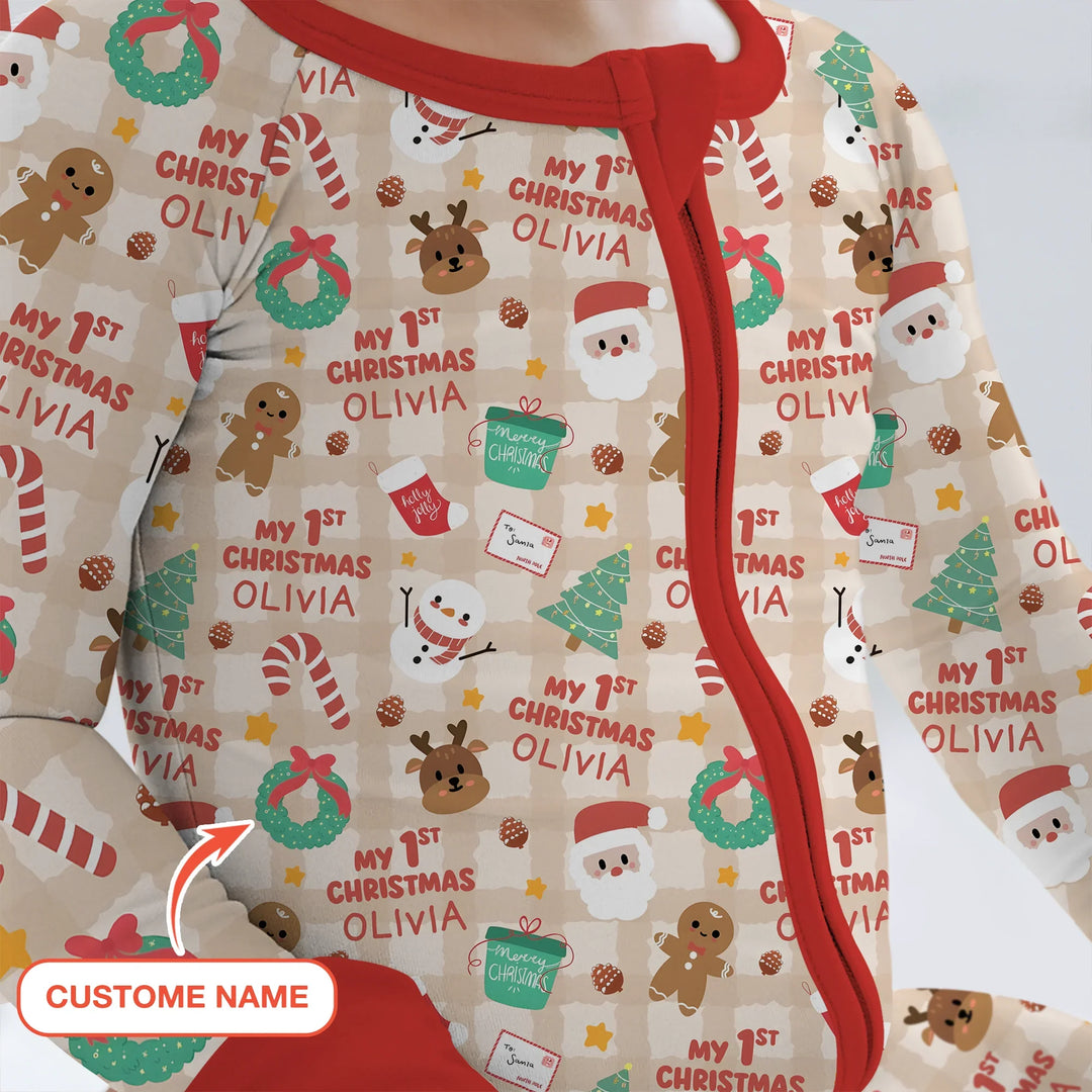 Custom Name My First Christmas Mocha Gingham Convertible Zippy , Custom Name My First Christmas Mocha Gingham Convertible Zippy - 0-3M