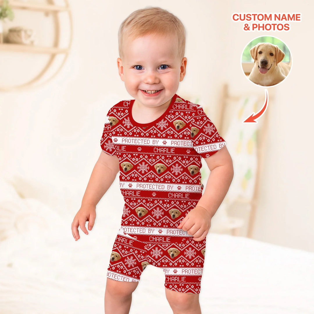 Custom Dog Photo Fair Isle Christmas Two Piece Short Sleeve Shorts Pajama Set , Custom Dog Photo Fair Isle Christmas Two Piece Short Sleeve Shorts Pajama Set - 12-18M
