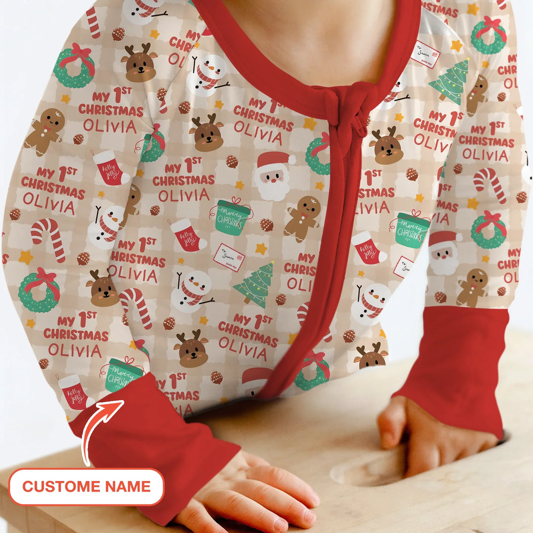 Custom Name My First Christmas Mocha Gingham Convertible Zippy , Custom Name My First Christmas Mocha Gingham Convertible Zippy - 0-3M