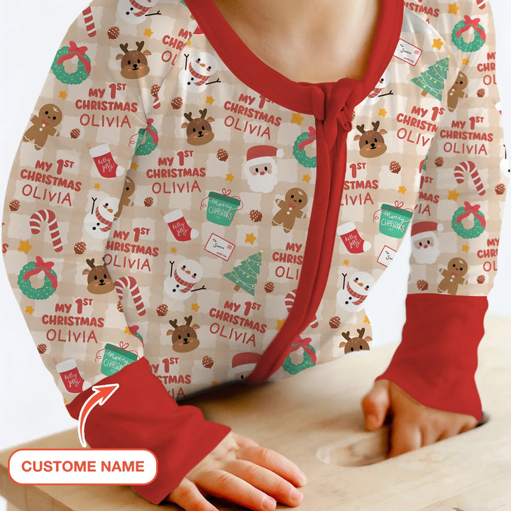 Custom Name My First Christmas Mocha Gingham Convertible Zippy , Custom Name My First Christmas Mocha Gingham Convertible Zippy - 0-3M