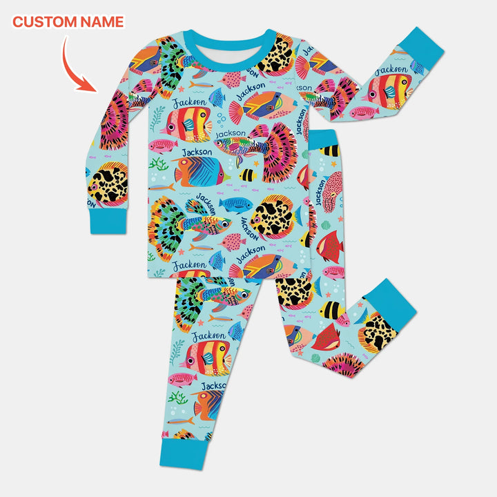 Custom Name Fish Dream Two Piece Long Sleeve Pajama Set , Custom Name Fish Dream Two Piece Long Sleeve Pajama Set - 12-18M