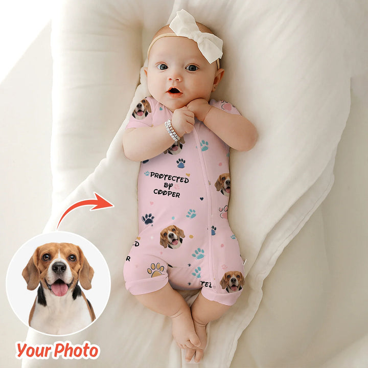 Custom Dog Photo Pattern "Protected By" Shorty Zippered Romper , Custom Dog Photo Pattern "Protected By" Shorty Zippered Romper - 0-3M