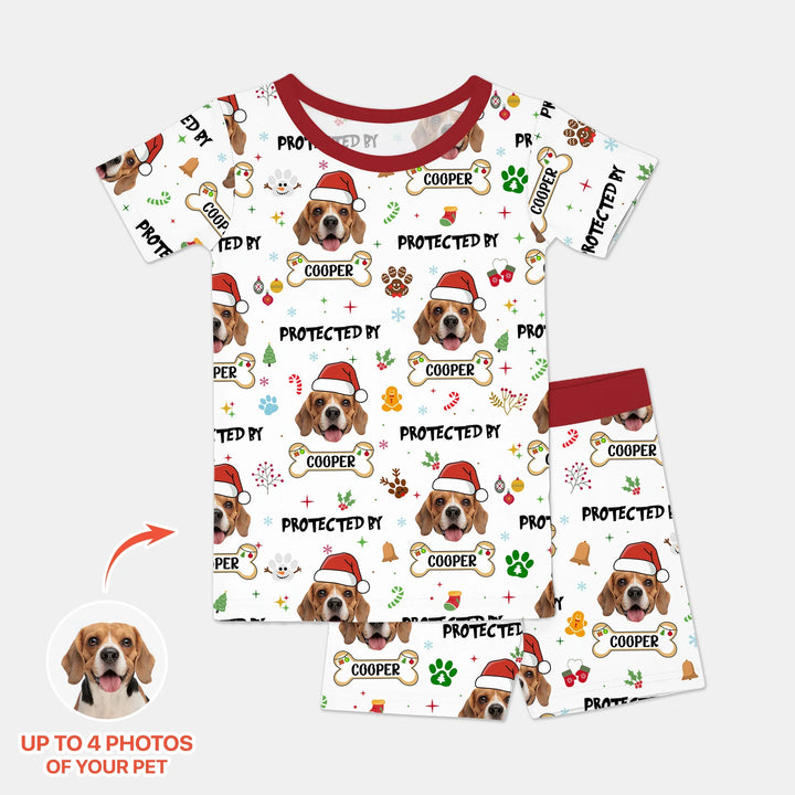 Custom Dog Photo "Protected By" Christmas Two Piece Short Sleeve Shorts Pajama Set , Custom Dog Photo "Protected By" Christmas Two Piece Short Sleeve Shorts Pajama Set - 12-18M