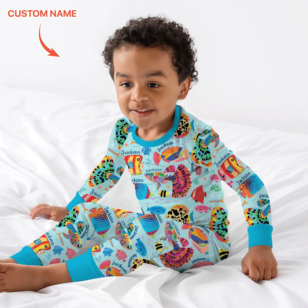 Custom Name Fish Dream Two Piece Long Sleeve Pajama Set , Custom Name Fish Dream Two Piece Long Sleeve Pajama Set - 12-18M