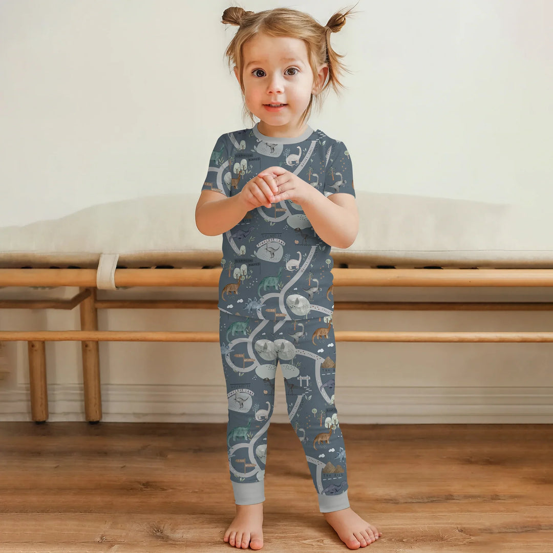 Dinosaur Route Map Two Piece Short Sleeve Pajama Set , Dinosaur Route Map Two Piece Short Sleeve Pajama Set - 12-18M