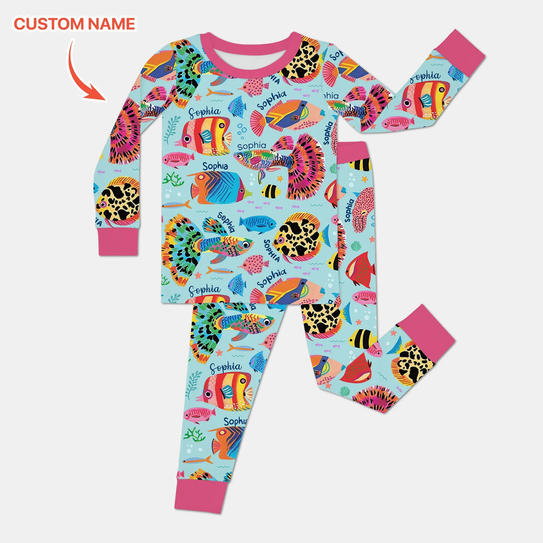 Custom Name Fish Dream Two Piece Long Sleeve Pajama Set , Custom Name Fish Dream Two Piece Long Sleeve Pajama Set - 12-18M