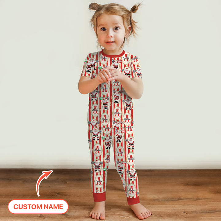 Custom Name Santa Stripes Two Piece Short Sleeve Pajama Set
