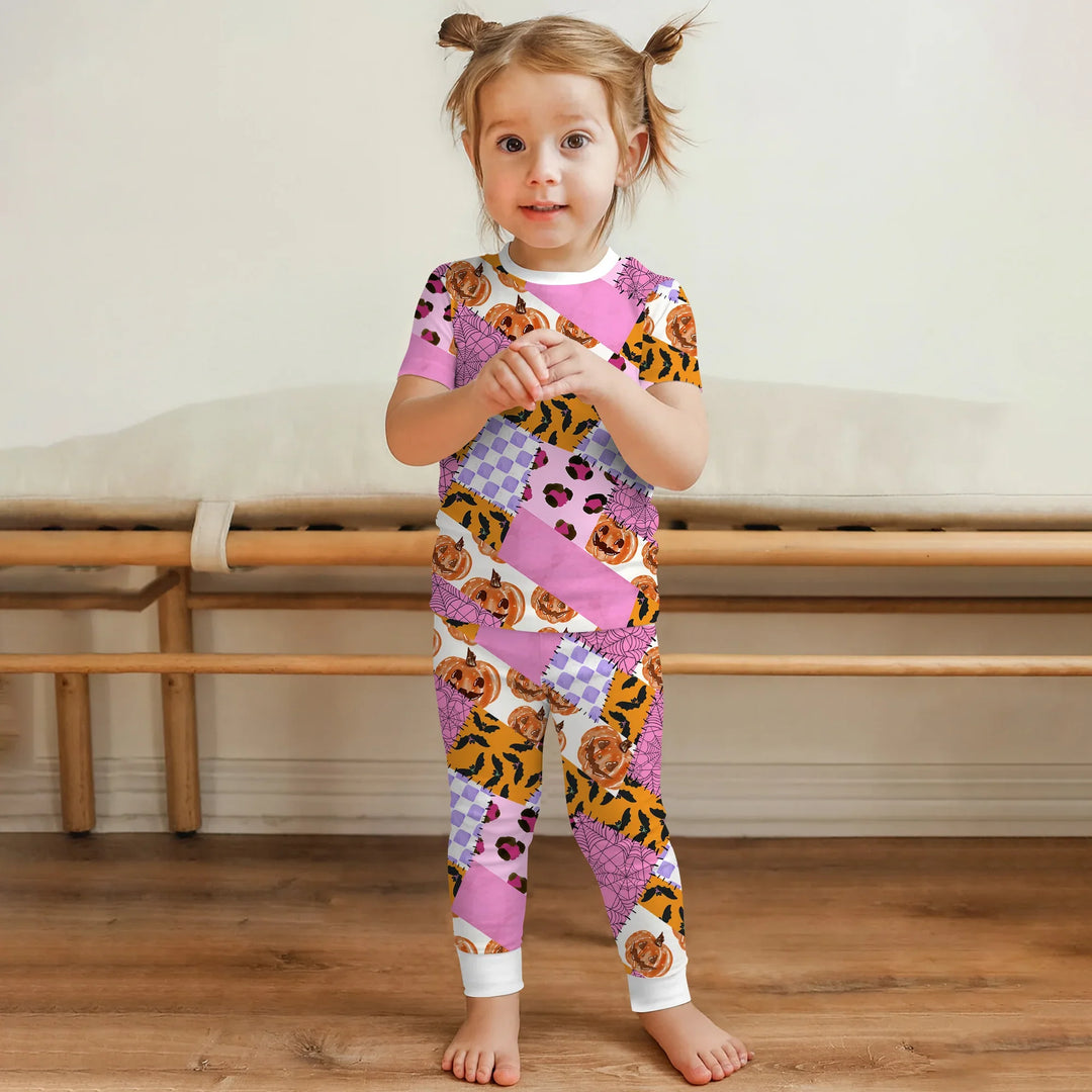 Halloween Patchwork Two Piece Short Sleeve Pajama Set , Halloween Patchwork Two Piece Short Sleeve Pajama Set - 12-18M