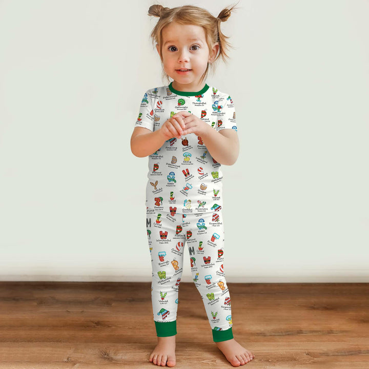 Christmas God Say I Am Alphabet Short Sleeve Pajama Set , Christmas God Say I Am Alphabet Short Sleeve Pajama Set - 12-18M / Green / Girl