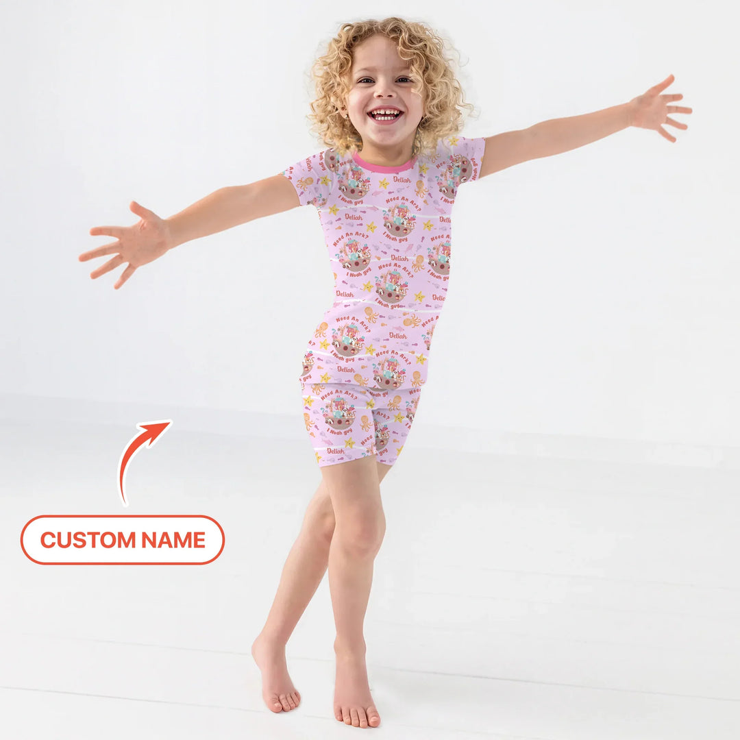 Noah’s Ark Custom Name Girl Two Piece Short Sleeve Shorts Pajama Set , Noah’s Ark Custom Name Girl Two Piece Short Sleeve Shorts Pajama Set - 12-18M