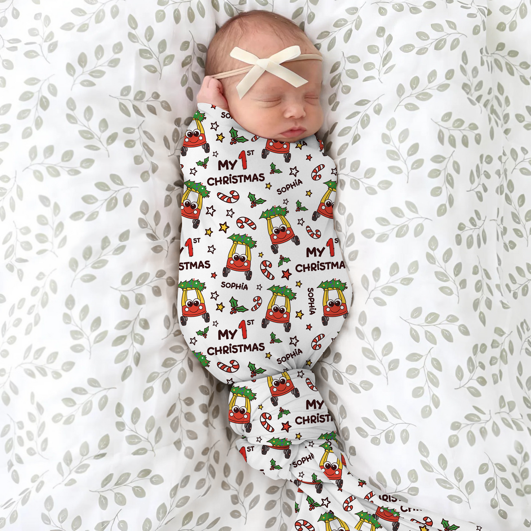 Custom Name Baby Car My 1st Christmas Swaddle Blanket