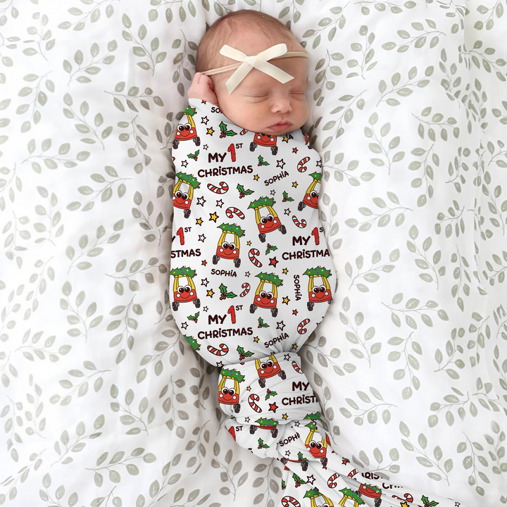 Custom Name Baby Car My 1st Christmas Swaddle Blanket