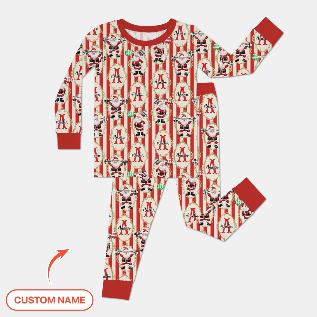Custom Name Santa Stripes Two Piece Long Sleeve Pajama Set