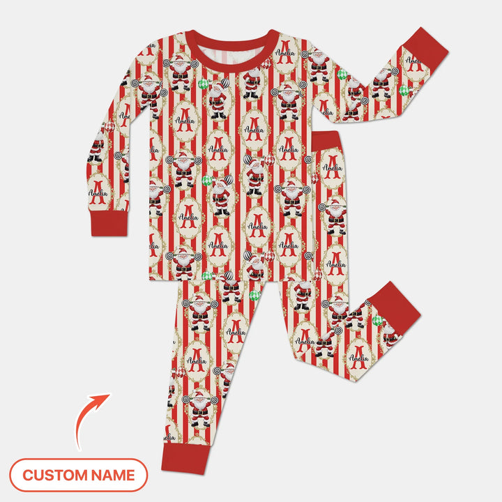 Custom Name Santa Stripes Two Piece Long Sleeve Pajama Set