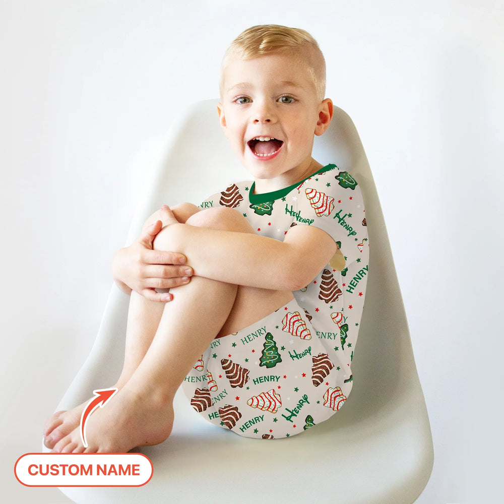 Christmas Tree Cake Custom Name Two Piece Short Sleeve Shorts Pajama Set , Christmas Tree Cake Custom Name Two Piece Short Sleeve Shorts Pajama Set - 12-18M