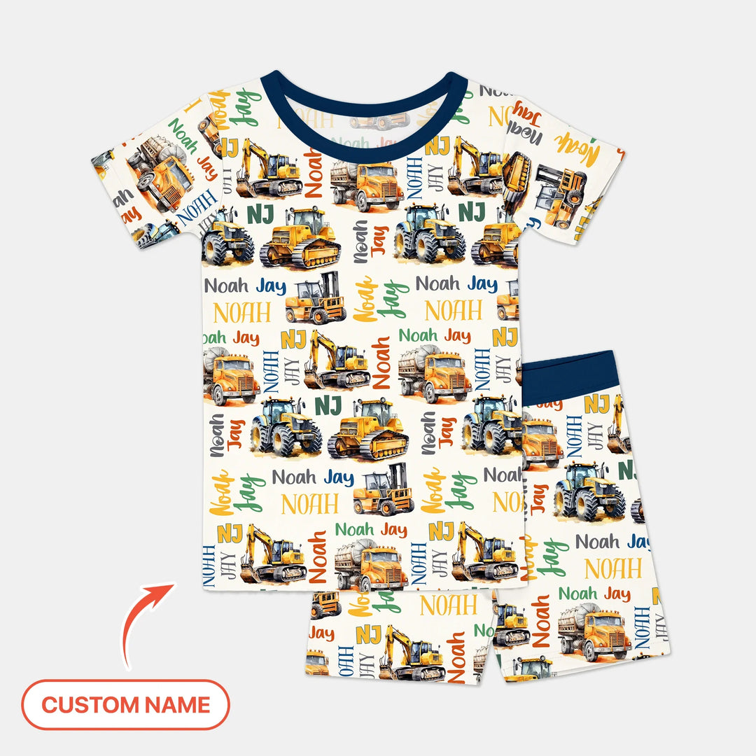 Custom Name Construction Trucks Two Piece Short Sleeve Shorts Pajama Set , Custom Name Construction Trucks Two Piece Short Sleeve Shorts Pajama Set - 12-18M