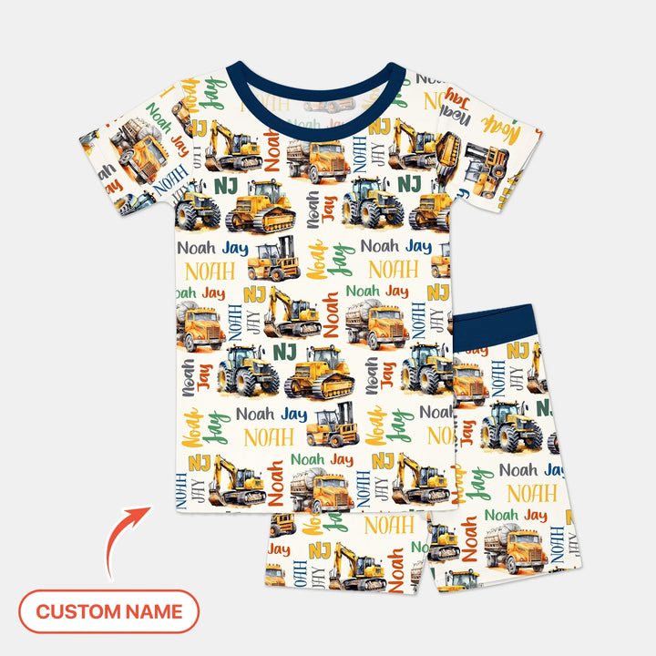 Custom Name Construction Trucks Two Piece Short Sleeve Shorts Pajama Set , Custom Name Construction Trucks Two Piece Short Sleeve Shorts Pajama Set - 12-18M