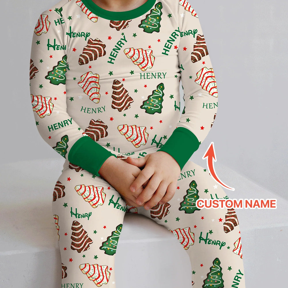 Christmas Tree Cake Custom Name Two Piece Long Sleeve Pajama Set , Christmas Tree Cake Custom Name Two Piece Long Sleeve Pajama Set - 12-18M