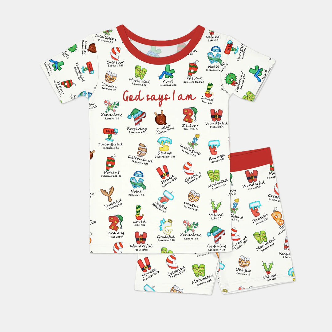 Christmas God Say I Am Alphabet Two Piece Short Sleeve Pajama Set , Christmas God Say I Am Alphabet Two Piece Short Sleeve Pajama Set - 12-18M / Red / Girl