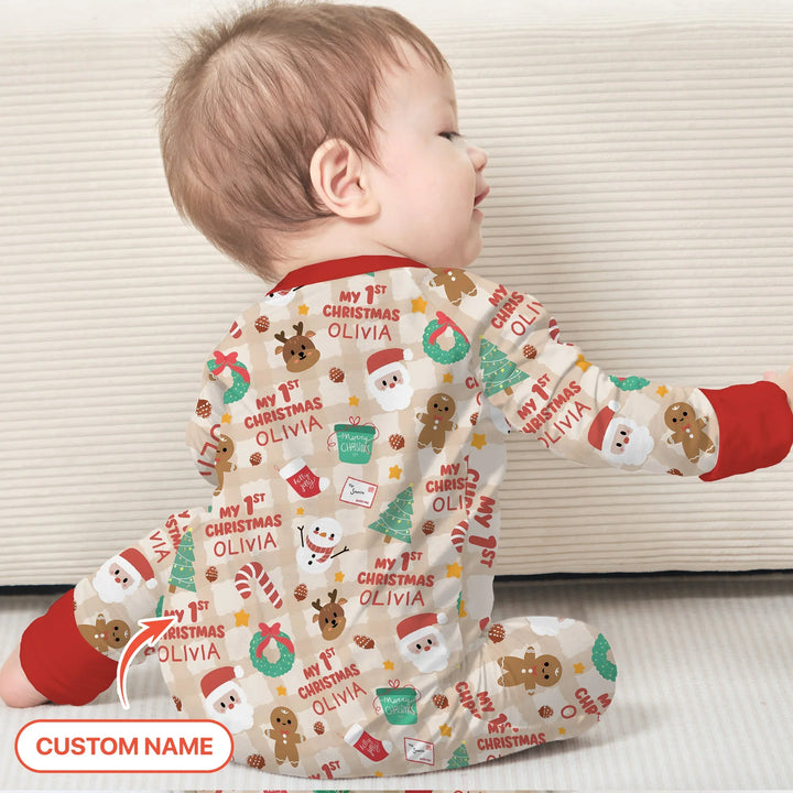 Custom Name My First Christmas Mocha Gingham Convertible Zippy , Custom Name My First Christmas Mocha Gingham Convertible Zippy - 0-3M