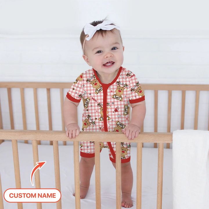 Custom Name Reindeer Gingham Shorty Zippy , Custom Name Reindeer Gingham Shorty Zippy - 0-3M