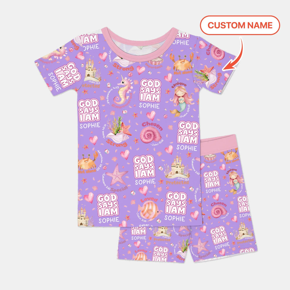 Mermaid God Says I Am Custom Name Two Piece Short Sleeve Shorts Pajama Set , Mermaid God Says I Am Custom Name Two Piece Short Sleeve Shorts Pajama Set - 12-18M