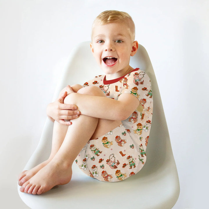 Christmas Cowboy Teddy Two Piece Short Sleeve Shorts Pajama Set