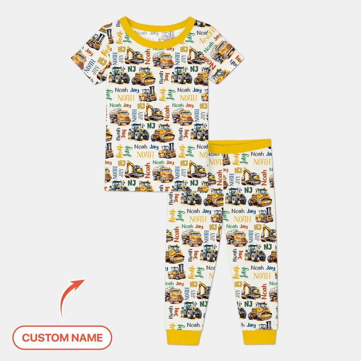 Custom Name Construction Trucks Two Piece Short Sleeve Pajama Set , Custom Name Construction Trucks Two Piece Short Sleeve Pajama Set - 12-18M