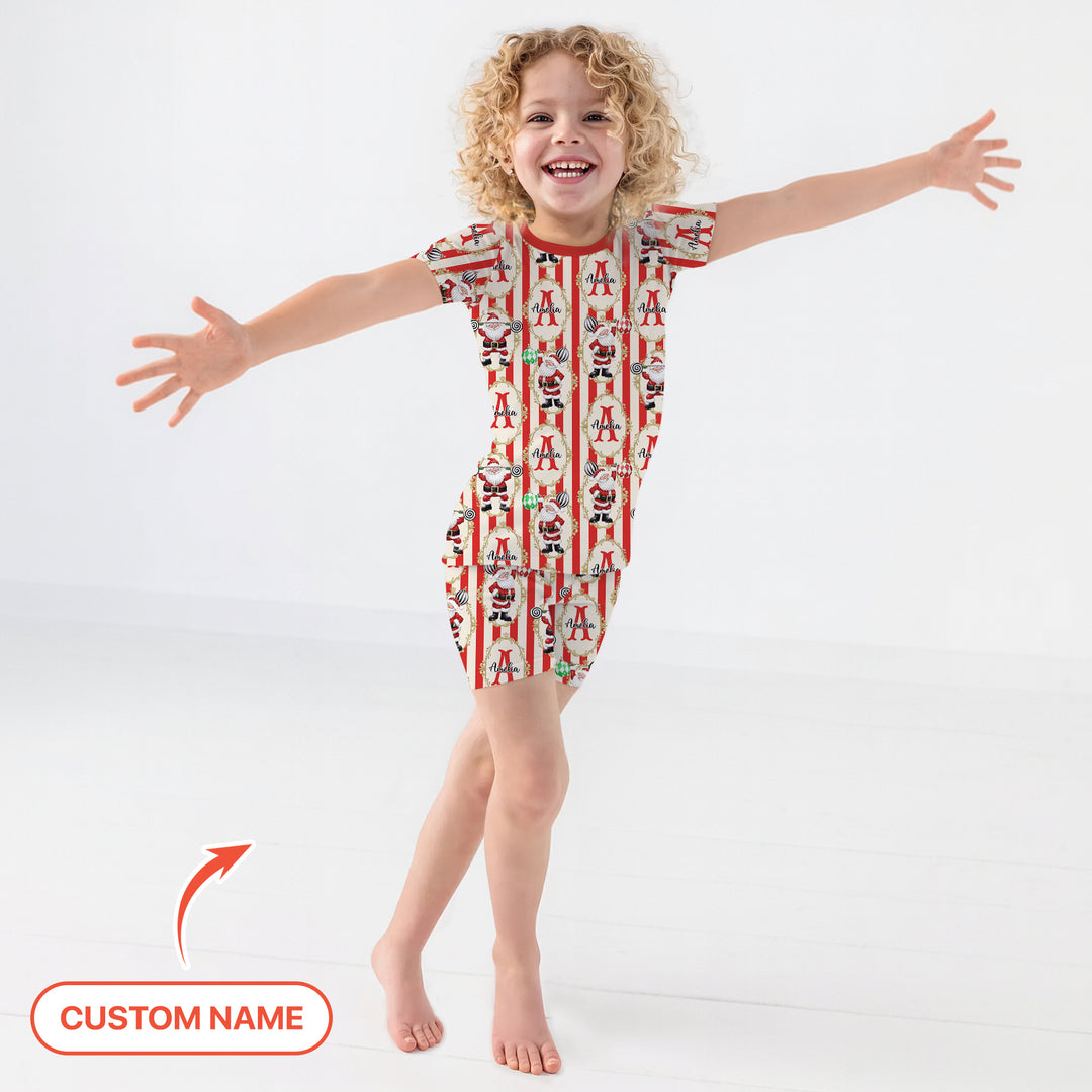 Custom Name Santa Stripes Two Piece Short Sleeve Shorts Pajama Set