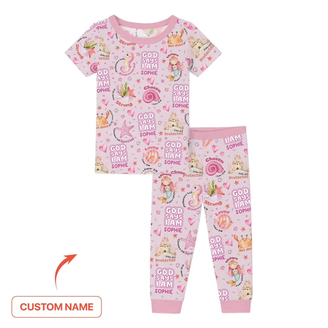 Mermaid God Says I Am Custom Name Two Piece Short Sleeve Pajama Set , Mermaid God Says I Am Custom Name Two Piece Short Sleeve Pajama Set - 12-18M