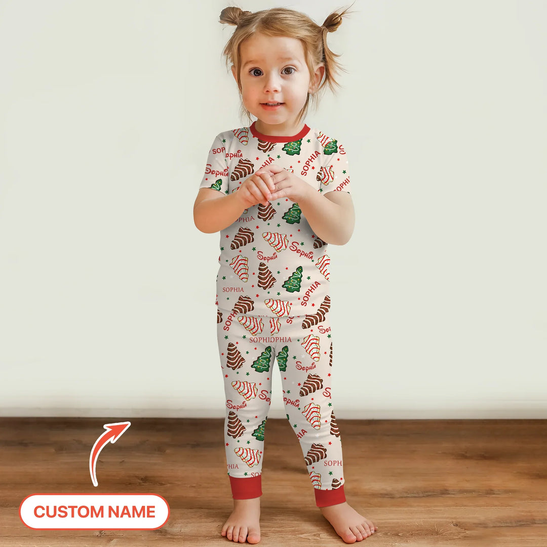 Christmas Tree Cake Custom Name Two Piece Short Sleeve Pajama Set , Christmas Tree Cake Custom Name Two Piece Short Sleeve Pajama Set - 12-18M