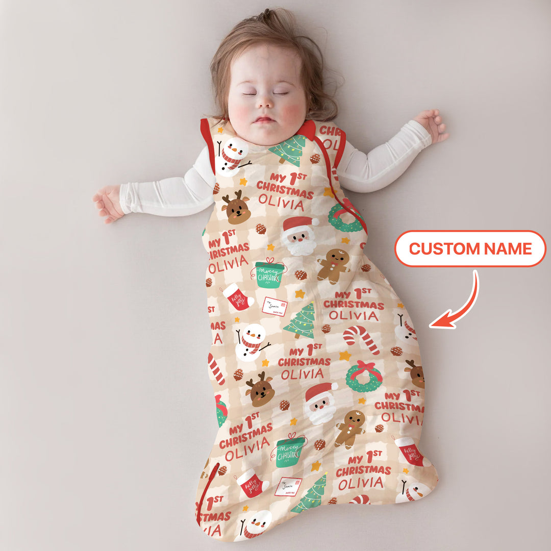 Custom Name My First Christmas Mocha Gingham Sleep Bag , Custom Name My First Christmas Mocha Gingham Sleep Bag - XS / 0.5 TOG