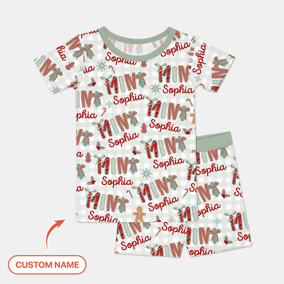 Custom Name Mama Mini Matching Christmas Two Piece Short Sleeve Shorts Pajama Set (Green) , Custom Name Mama Mini Matching Christmas Two Piece Short Sleeve Shorts Pajama Set (Green) - 12-18M
