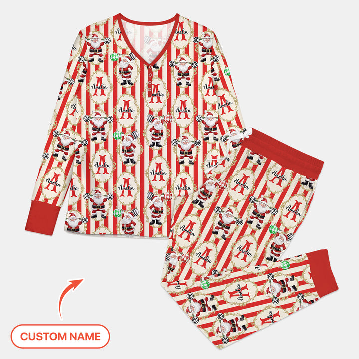 Custom Name Santa Stripes Women Pajama Set