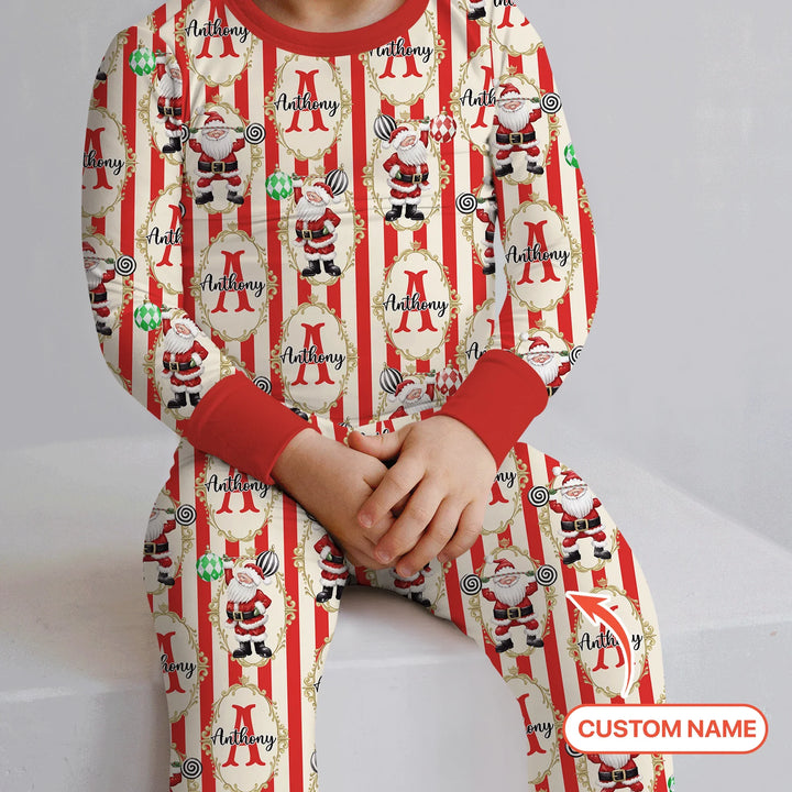 Custom Name Santa Stripes Two Piece Long Sleeve Pajama Set