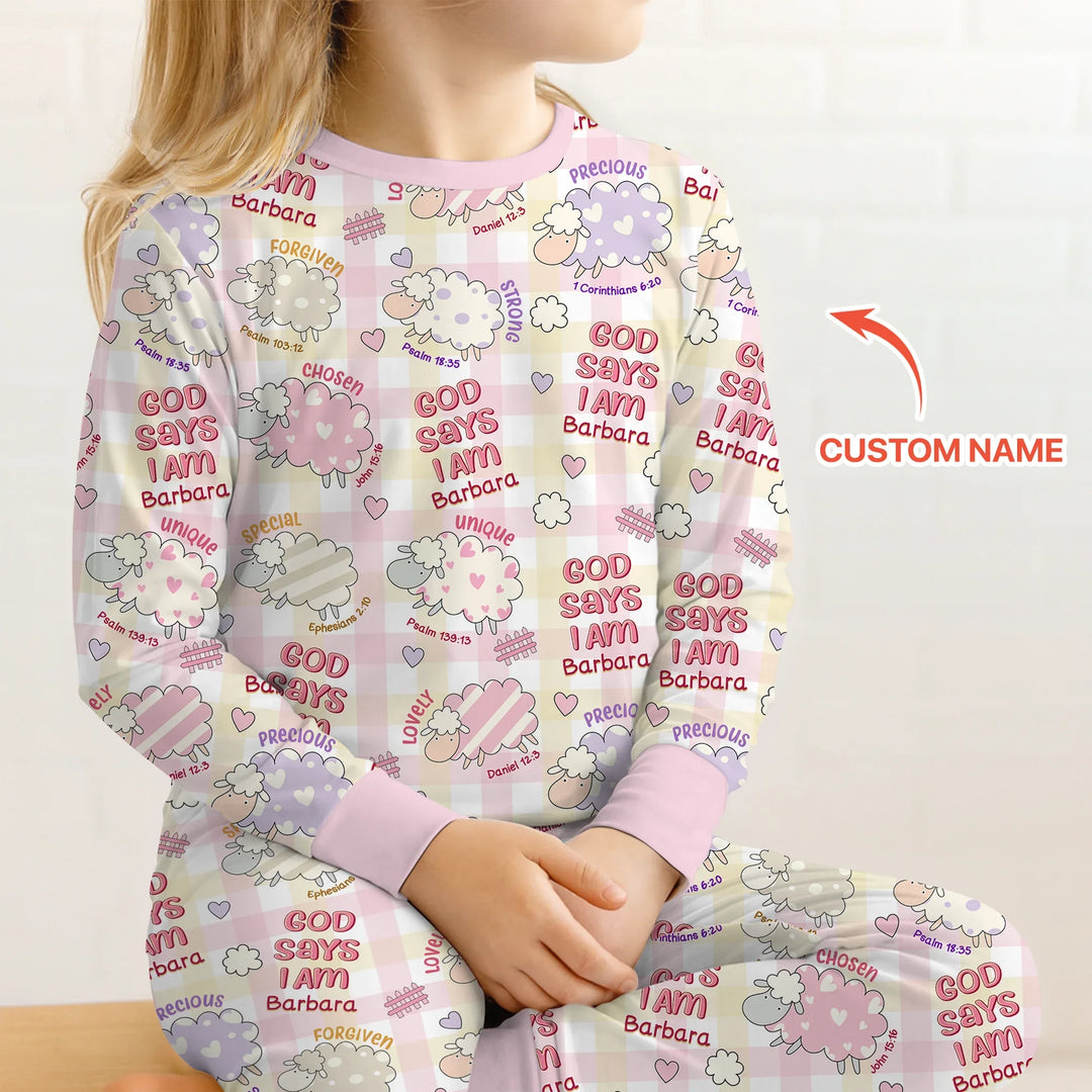 Little Lamb God Says I Am Custom Name Long Sleeve Pajama Set , Little Lamb God Says I Am Custom Name Long Sleeve Pajama Set - 12-18M