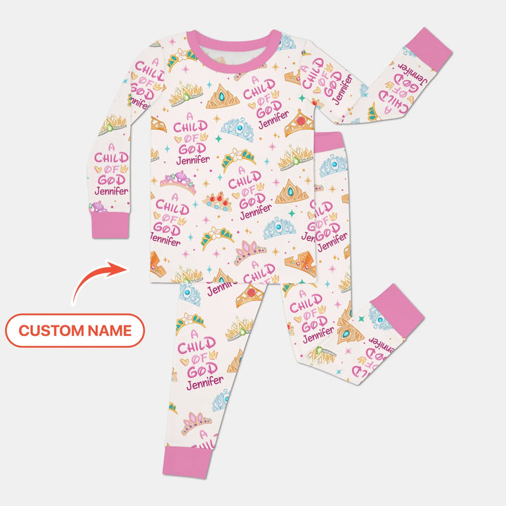 Princess A Child Of God Custom Name Two Piece Long Sleeve Pajama Set , Princess A Child Of God Custom Name Two Piece Long Sleeve Pajama Set - 12-18M