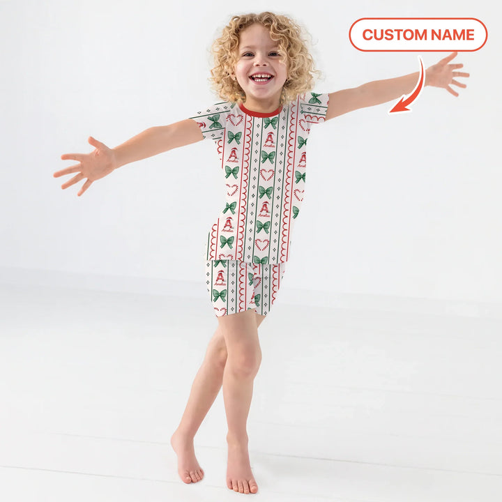 Custom Name Christmas Stripes Two Piece Short Sleeve Shorts Pajama Set , Custom Name Christmas Stripes Two Piece Short Sleeve Shorts Pajama Set - 12-18M