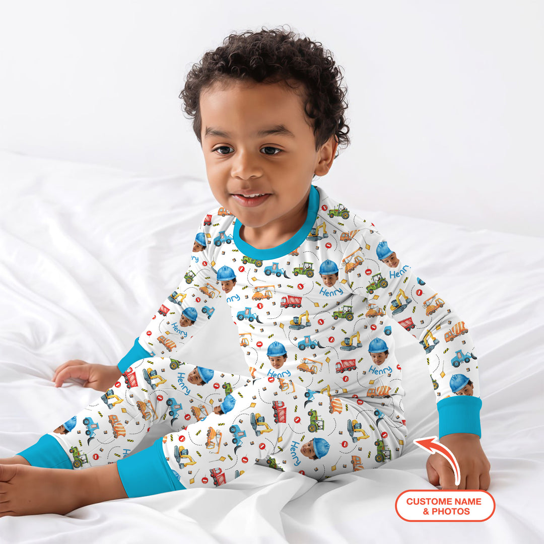 Custom Photo Little Construction Heroes Two Piece Long Sleeve Pajama Set