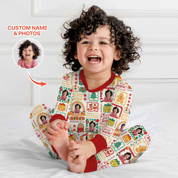 Custom Photo Christmas Frame Custom Name Two Piece Long Sleeve Pajama Set , Custom Photo Christmas Frame Custom Name Two Piece Long Sleeve Pajama Set - 12-18M